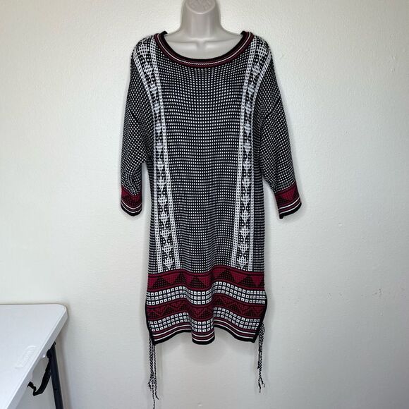 Asos Sweater Knit Tunic Dress Black White Pink Aztec Print Tie Sides Womens 8 - Picture 14 of 14